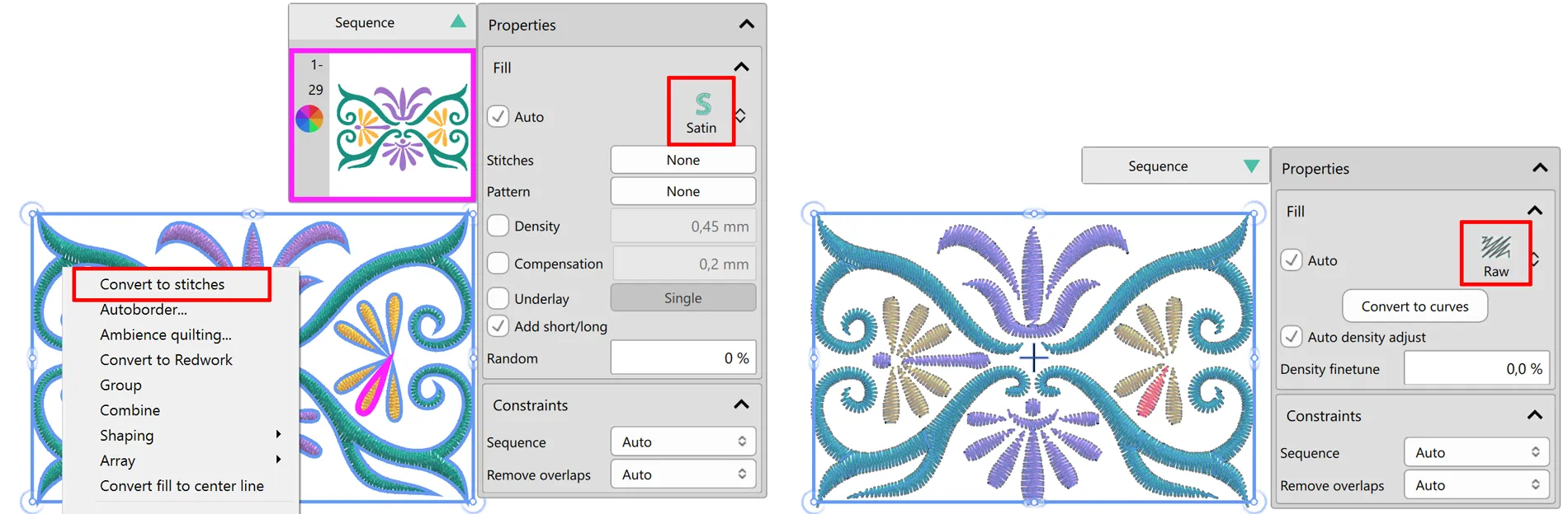 Convert vector-based objects to raw stitches for accurate stitch editing