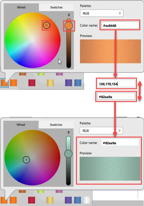 Find a specific color by searching with a hex color code or a specific thread color name/number 